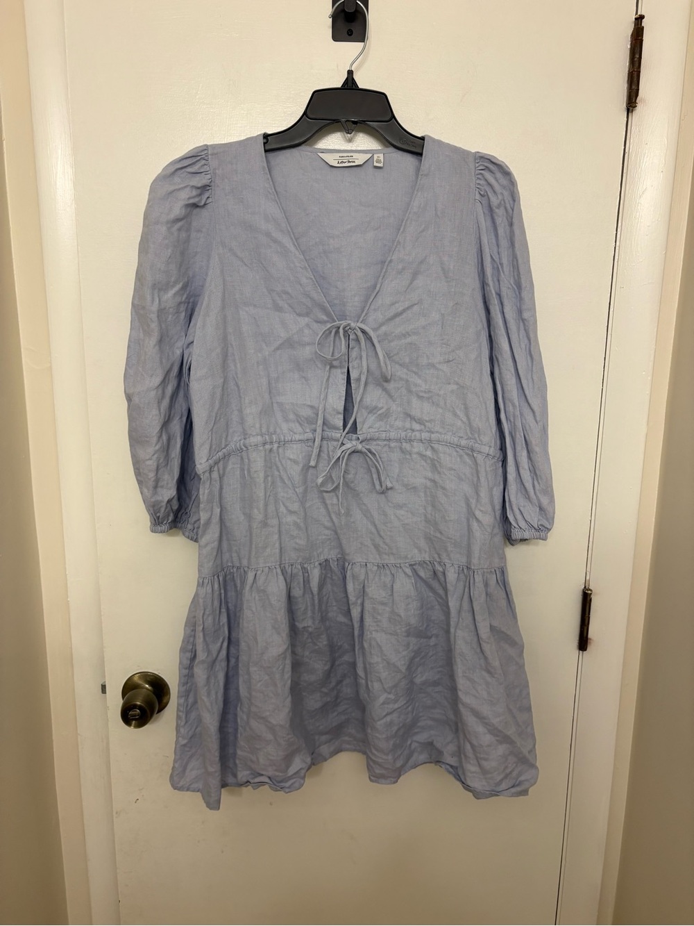 & Other Stories Tie Front Linen Mini Dress Periwinkle Blue Size 4 Puff Sleeve